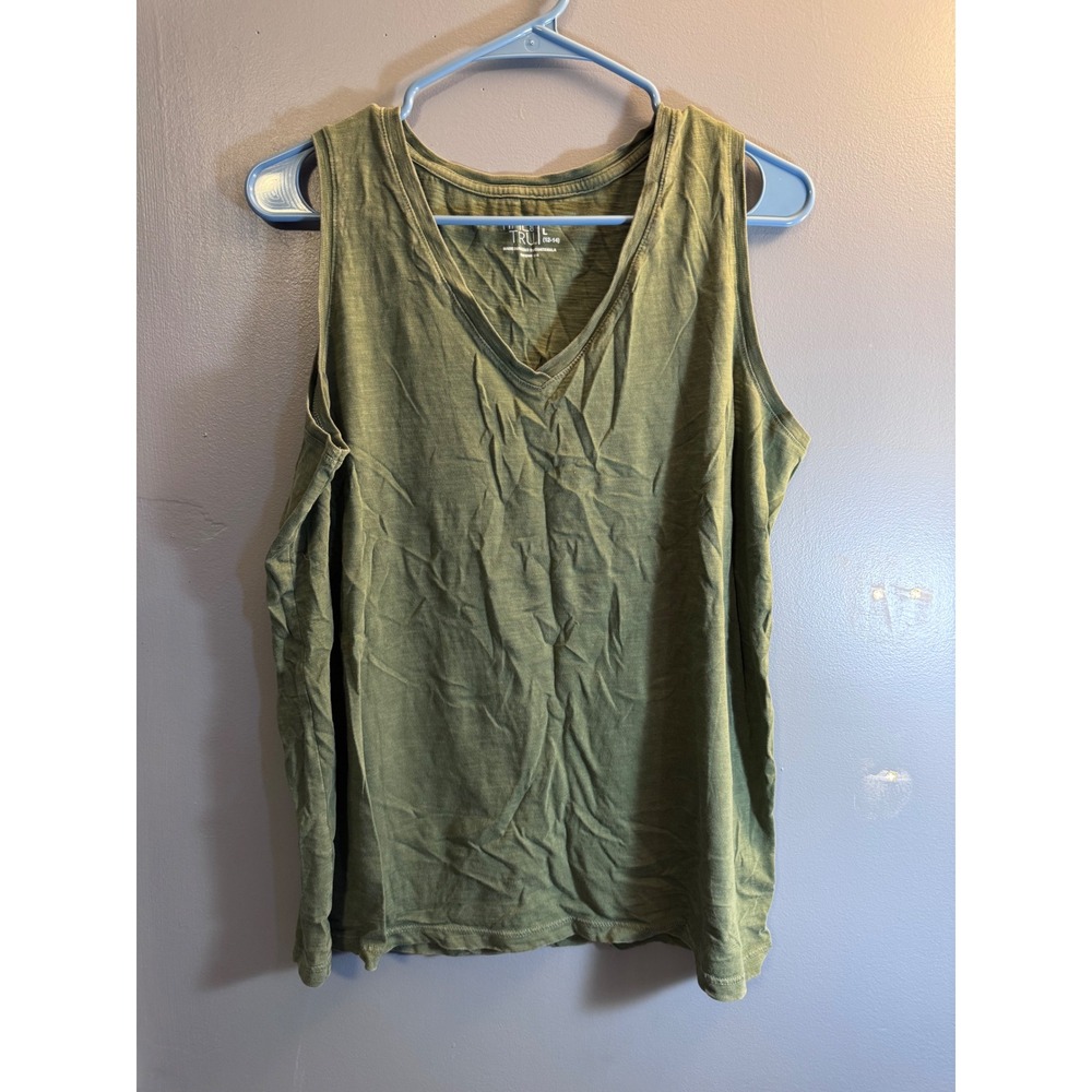 Time and Tru Womens Olive Green V-Neck Cotton Slub Tank Top Large 12-14